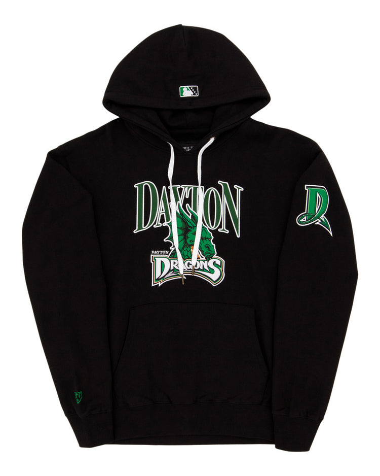 The Ebbets Field Dayton Dragons MiLB Cotton Hooded Sweatshirt features green and white Dayton Dragons text, a green dragon graphic on the front, a D logo on the left sleeve, and white drawstrings on the hood.