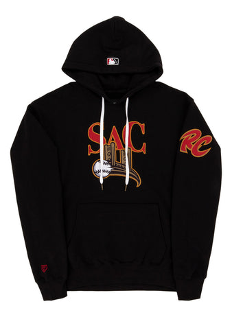 The Ebbets Field Sacramento River Cats MiLB Cotton Hooded Sweatshirt is a black hoodie with SAC in bold red and gold, a baseball hat and bat graphic below, RC on the right sleeve, and white drawstrings on the hood.