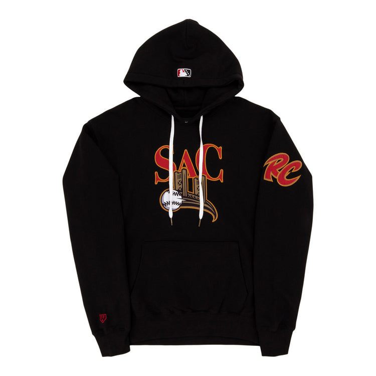The Ebbets Field Sacramento River Cats MiLB Cotton Hooded Sweatshirt is a black hoodie with SAC in bold red and gold, a baseball hat and bat graphic below, RC on the right sleeve, and white drawstrings on the hood.