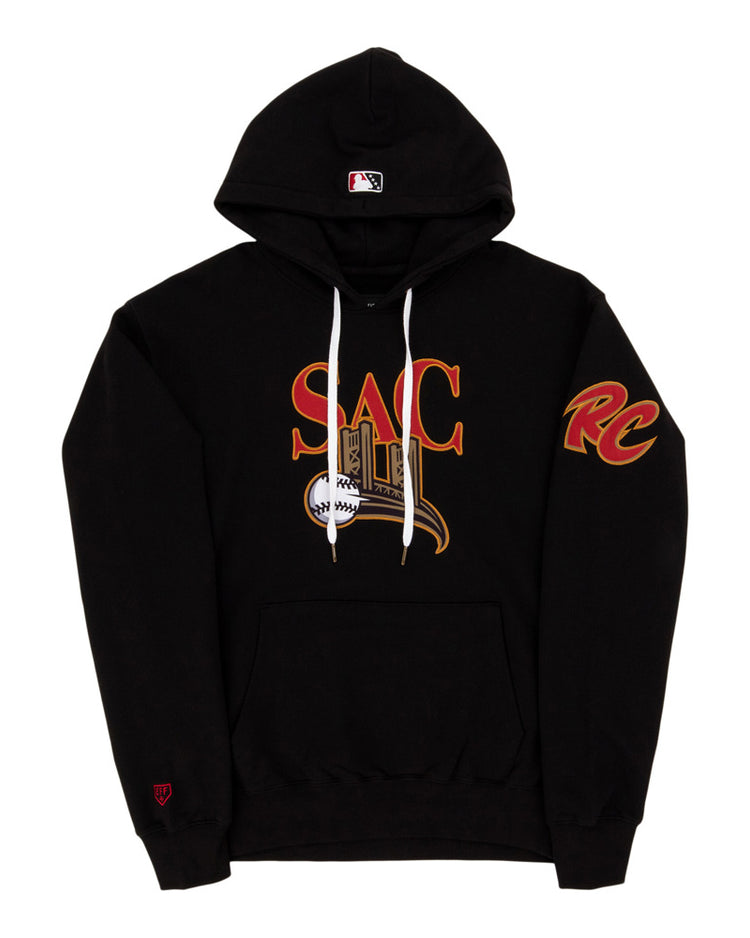 The Ebbets Field Sacramento River Cats MiLB Cotton Hooded Sweatshirt is a black hoodie with SAC in bold red and gold, a baseball hat and bat graphic below, RC on the right sleeve, and white drawstrings on the hood.