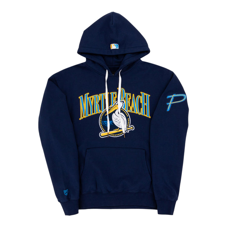The Ebbets Field Myrtle Beach Pelicans MiLB Cotton Hooded Sweatshirt features 