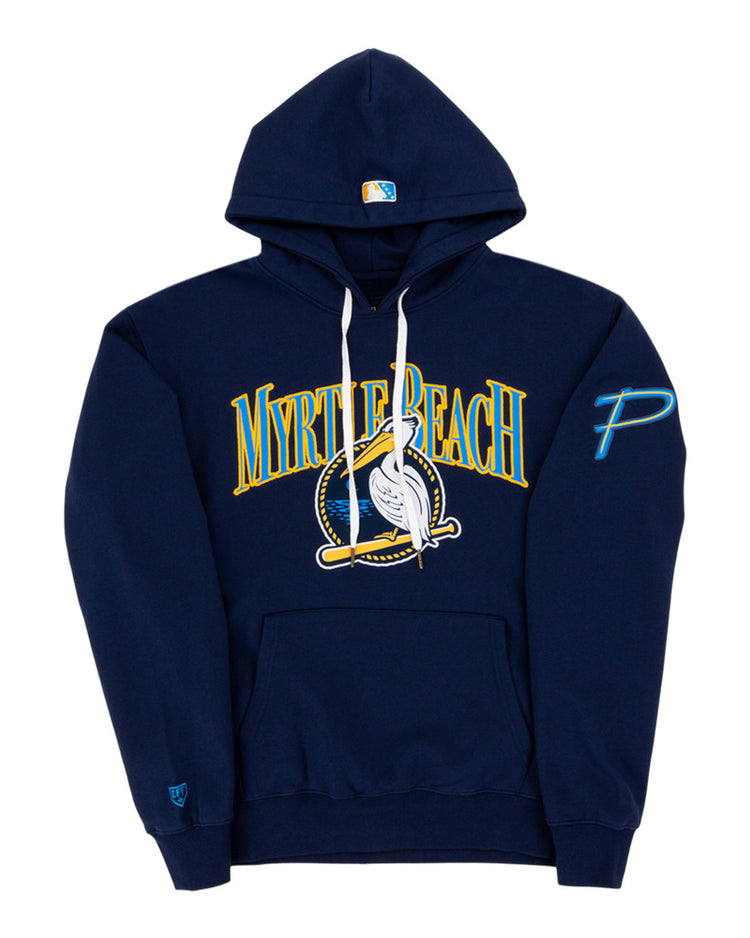 The Ebbets Field Myrtle Beach Pelicans MiLB Cotton Hooded Sweatshirt features 