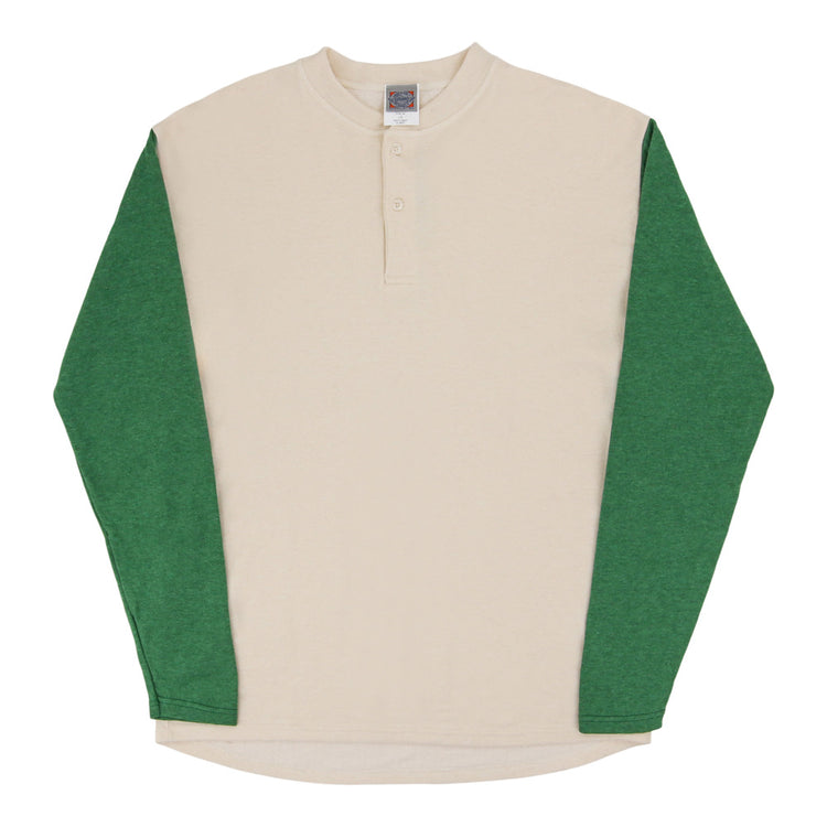The Ebbets Field Fungo Shirt features green long sleeves, a cream body, a round neck, and a short button placket at the collar.