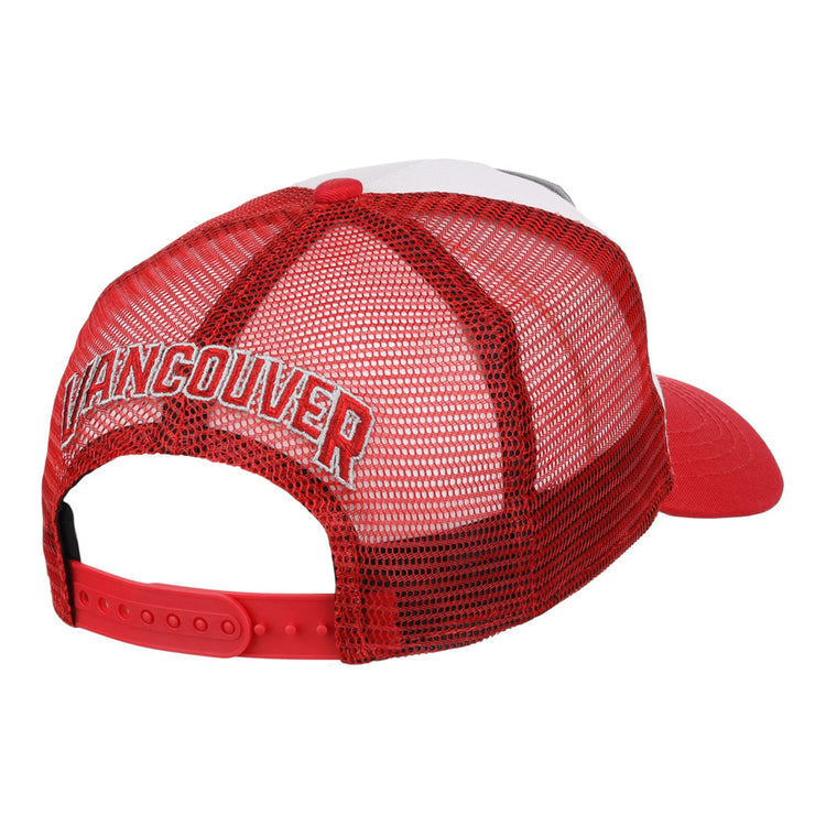 The Vancouver Canadians MiLB Trucker Ballcap by Ebbets Field features a red mesh back, white front panel, adjustable snapback, and 