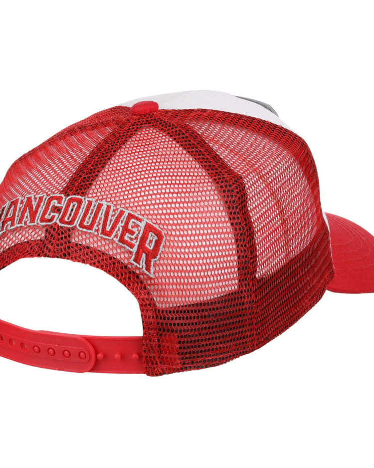 The Vancouver Canadians MiLB Trucker Ballcap by Ebbets Field features a red mesh back, white front panel, adjustable snapback, and 