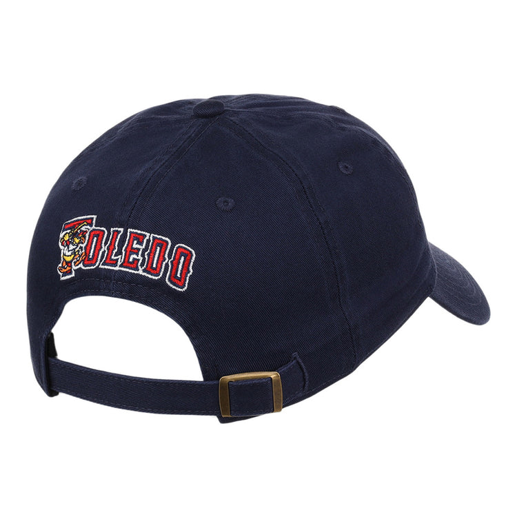 The Ebbets Field Toledo Mud Hens MiLB Dad Ballcap is a navy blue adjustable cap with brass buckle, TOLEDO embroidered in red and white on the back, and a cartoon mascot on the left of the text.