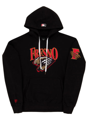 The Ebbets Field Fresno Grizzlies MiLB Cotton Hooded Sweatshirt features “Fresno” in red and gold, a bear mascot and claw marks on the chest, plus a stylized F logo in matching colors on the left sleeve.
