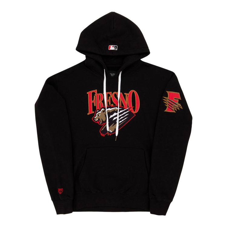 The Ebbets Field Fresno Grizzlies MiLB Cotton Hooded Sweatshirt features “Fresno” in red and gold, a bear mascot and claw marks on the chest, plus a stylized F logo in matching colors on the left sleeve.
