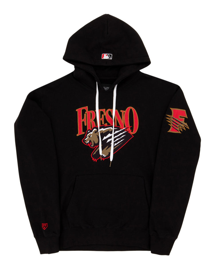 The Ebbets Field Fresno Grizzlies MiLB Cotton Hooded Sweatshirt features “Fresno” in red and gold, a bear mascot and claw marks on the chest, plus a stylized F logo in matching colors on the left sleeve.
