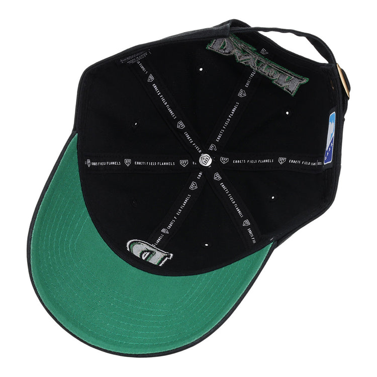 The image shows the inside view of an Ebbets Field Dayton Dragons MiLB Dad Ballcap. It features black panels, white stitching, branded taping, a green underbill, and an adjustable strap at the back.