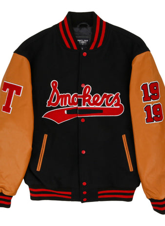 The Ebbets Field Tampa Smokers MiLB DNA Varsity Jacket features a black body, tan leather sleeves, red/white striped cuffs, 