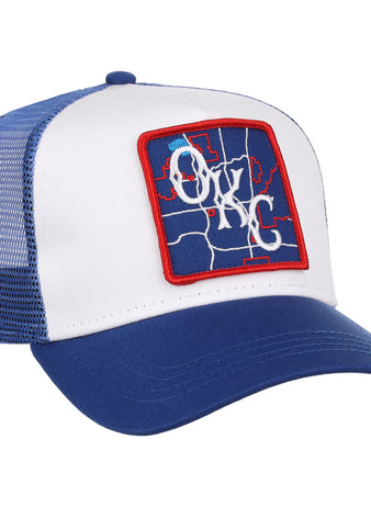 The Ebbets Field Oklahoma City Dodgers MiLB Trucker Ballcap is a blue and white mesh-back hat with a front patch showing a blue map design, OKC in white script, and a red border.