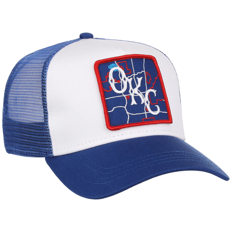 The Ebbets Field Oklahoma City Dodgers MiLB Trucker Ballcap is a blue and white mesh-back hat with a front patch showing a blue map design, OKC in white script, and a red border.