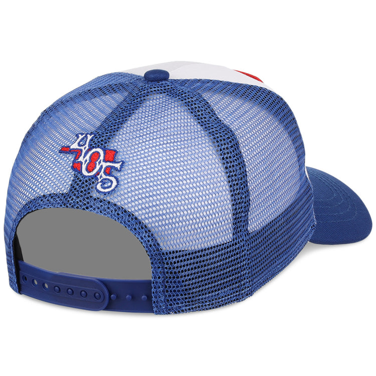 The Oklahoma City Dodgers MiLB Trucker Ballcap by Ebbets Field is a blue and white trucker hat with a blue mesh back, adjustable snap closure, and 