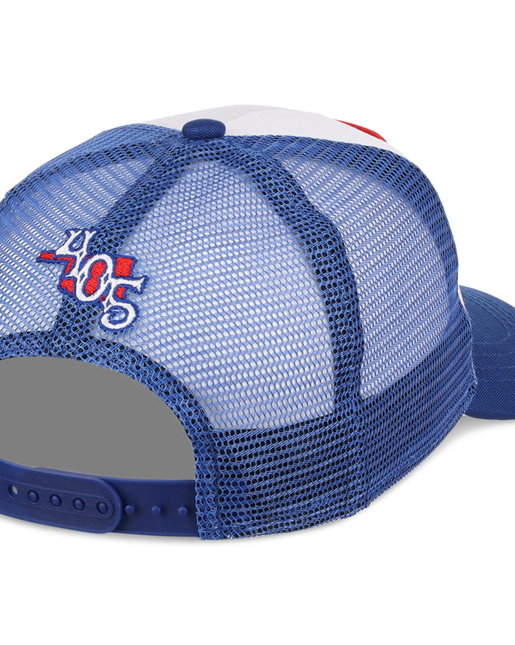 The Oklahoma City Dodgers MiLB Trucker Ballcap by Ebbets Field is a blue and white trucker hat with a blue mesh back, adjustable snap closure, and 