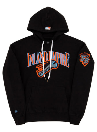 The Ebbets Field Inland Empire 66Ers MiLB Cotton Hooded Sweatshirt is a black hoodie with bold blue and orange INLAND EMPIRE text, a baseball bat graphic on the chest, SB logo patch on the left sleeve, and a small logo near the left cuff.