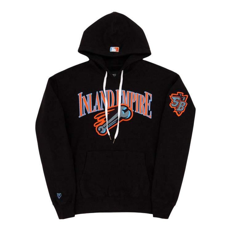 The Ebbets Field Inland Empire 66Ers MiLB Cotton Hooded Sweatshirt is a black hoodie with bold blue and orange INLAND EMPIRE text, a baseball bat graphic on the chest, SB logo patch on the left sleeve, and a small logo near the left cuff.