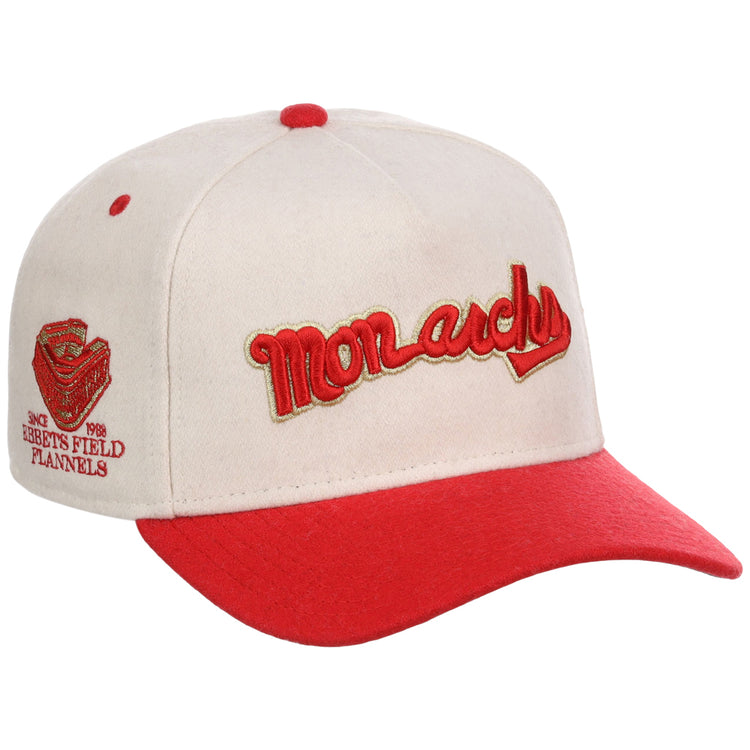 The Kansas City Monarchs NLB Ballpark A-Frame Ballcap by Ebbets Field features a cream and red design, 