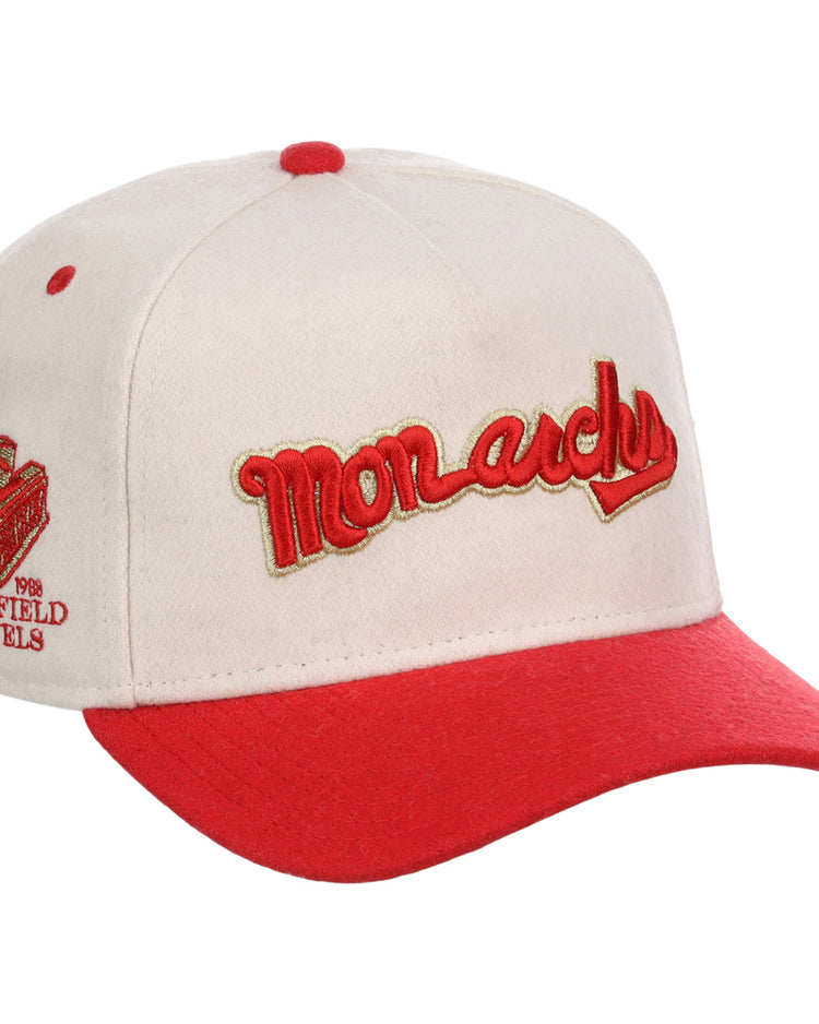 The Kansas City Monarchs NLB Ballpark A-Frame Ballcap by Ebbets Field features a cream and red design, 