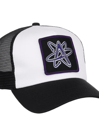The Ebbets Field Albuquerque Isotopes MiLB Trucker Ballcap features a black mesh back, black bill, and white front with a purple and gray atomic symbol patch.