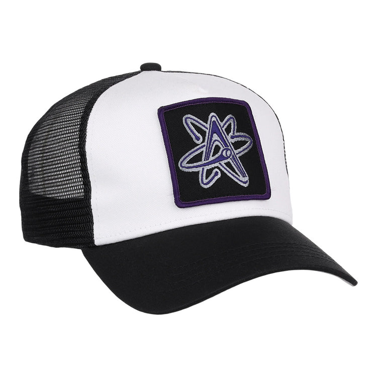 The Ebbets Field Albuquerque Isotopes MiLB Trucker Ballcap features a black mesh back, black bill, and white front with a purple and gray atomic symbol patch.