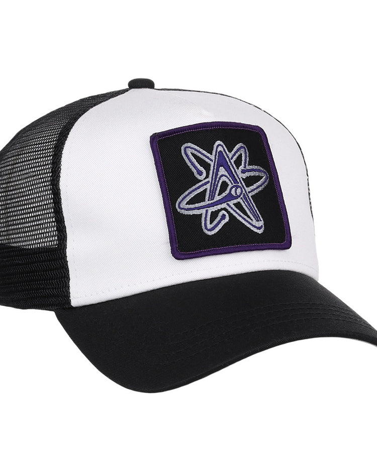 The Ebbets Field Albuquerque Isotopes MiLB Trucker Ballcap features a black mesh back, black bill, and white front with a purple and gray atomic symbol patch.