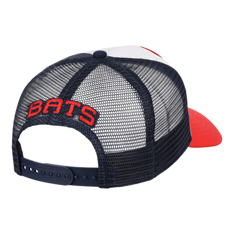 The Ebbets Field Louisville Bats MiLB Trucker Ballcap features a mesh back, navy blue adjustable strap, white front panel, red bill, and 