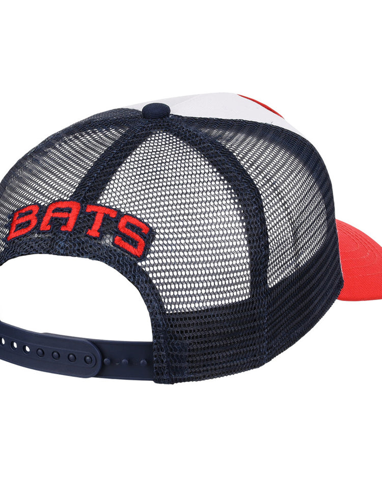 The Ebbets Field Louisville Bats MiLB Trucker Ballcap features a mesh back, navy blue adjustable strap, white front panel, red bill, and 