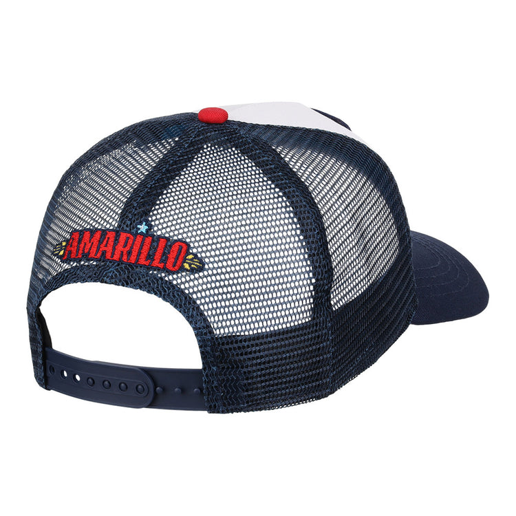 The Ebbets Field Amarillo Sod Poodles MiLB Trucker Ballcap is a navy blue mesh hat seen from the back, displaying 