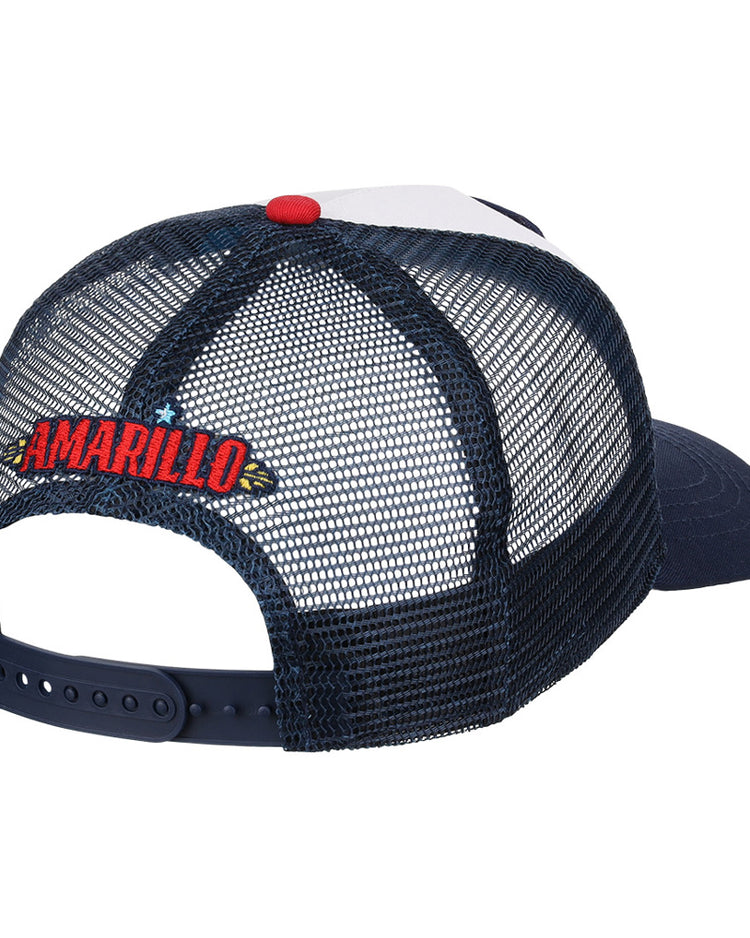 The Ebbets Field Amarillo Sod Poodles MiLB Trucker Ballcap is a navy blue mesh hat seen from the back, displaying 