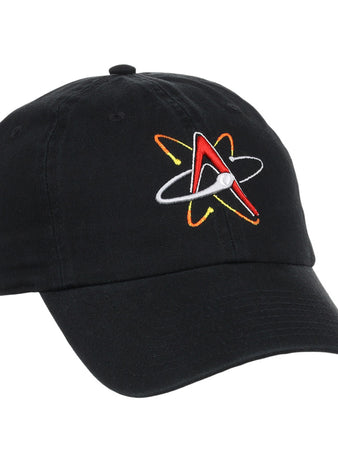 The Ebbets Field Albuquerque Isotopes MiLB Dad Ballcap is a black hat with an embroidered red “A,” white atom design, and yellow-orange orbits on the front.