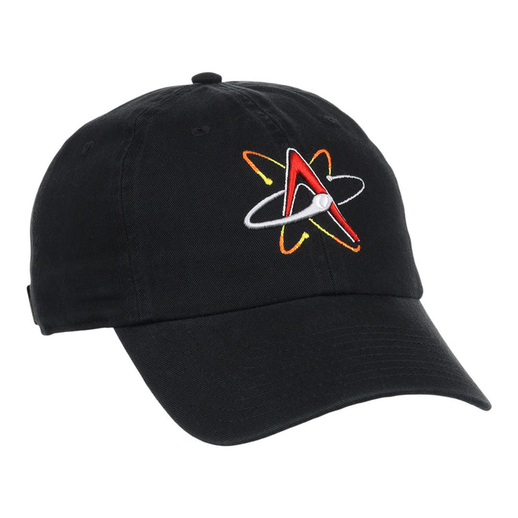 The Ebbets Field Albuquerque Isotopes MiLB Dad Ballcap is a black hat with an embroidered red “A,” white atom design, and yellow-orange orbits on the front.
