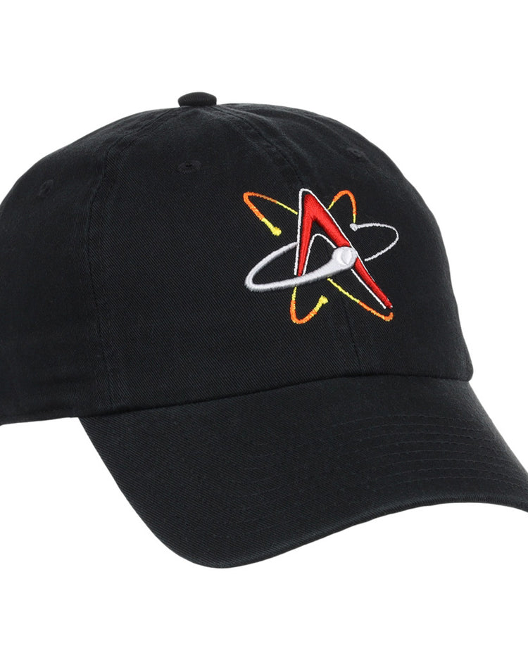 The Ebbets Field Albuquerque Isotopes MiLB Dad Ballcap is a black hat with an embroidered red “A,” white atom design, and yellow-orange orbits on the front.