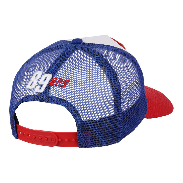 The Ebbets Field Oklahoma City 89Ers MiLB Trucker Ballcap is a blue mesh hat with a red brim and adjustable red snapback, featuring 