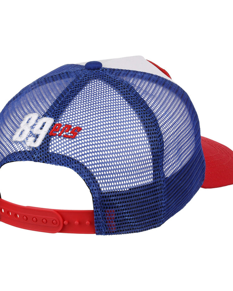 The Ebbets Field Oklahoma City 89Ers MiLB Trucker Ballcap is a blue mesh hat with a red brim and adjustable red snapback, featuring 