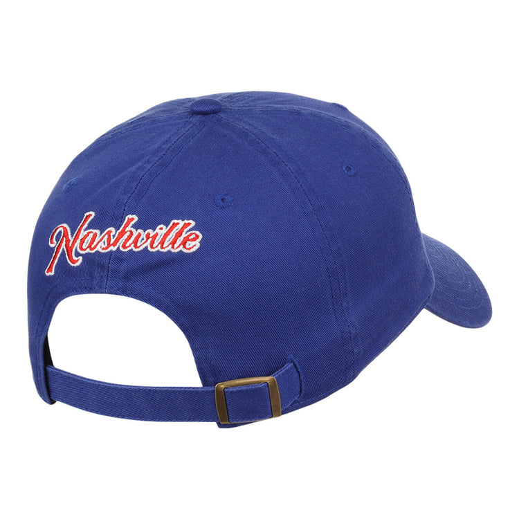 The Nashville Sounds MiLB Dad Ballcap by Ebbets Field is a blue baseball cap with an adjustable strap and 