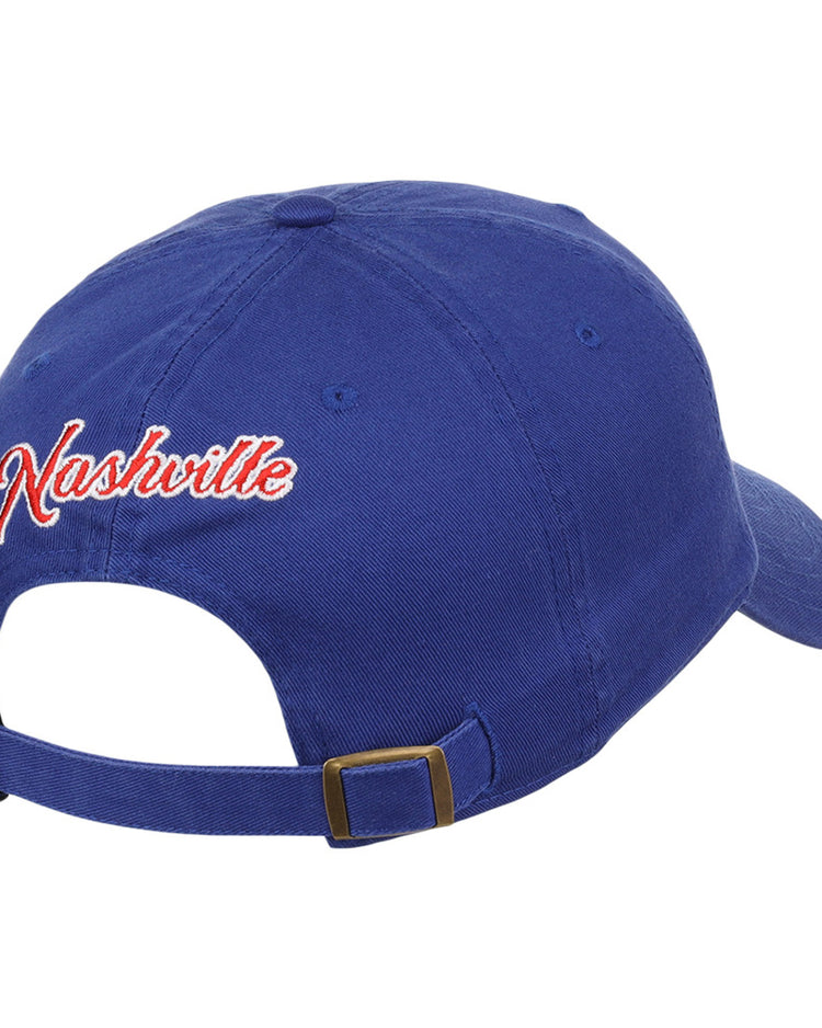 The Nashville Sounds MiLB Dad Ballcap by Ebbets Field is a blue baseball cap with an adjustable strap and 