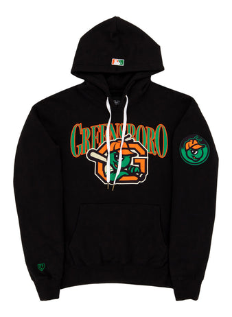 The Ebbets Field Greensboro Grasshoppers MiLB Cotton Hooded Sweatshirt is black with bold orange and green 