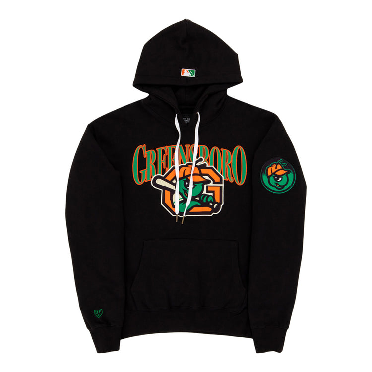 The Ebbets Field Greensboro Grasshoppers MiLB Cotton Hooded Sweatshirt is black with bold orange and green 
