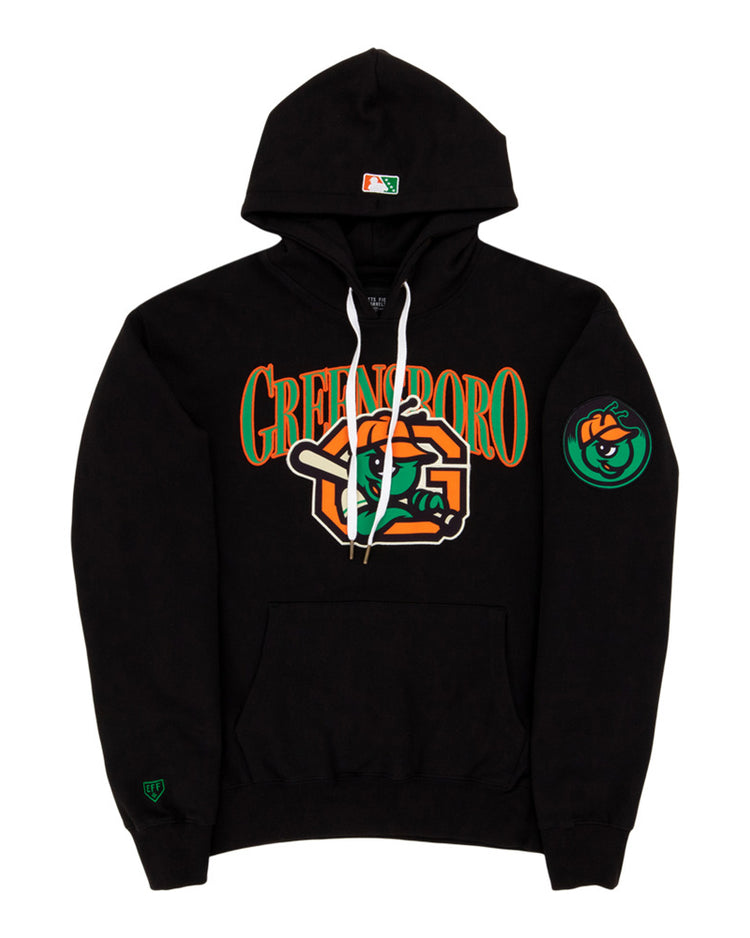 The Ebbets Field Greensboro Grasshoppers MiLB Cotton Hooded Sweatshirt is black with bold orange and green 