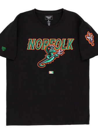 The Ebbets Field Norfolk Tides MiLB Fashion Cotton Short Sleeve Tee is a black t-shirt with colorful 