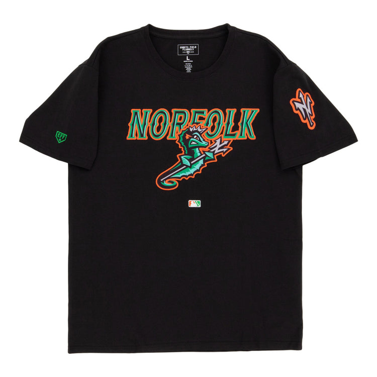 The Ebbets Field Norfolk Tides MiLB Fashion Cotton Short Sleeve Tee is a black t-shirt with colorful 