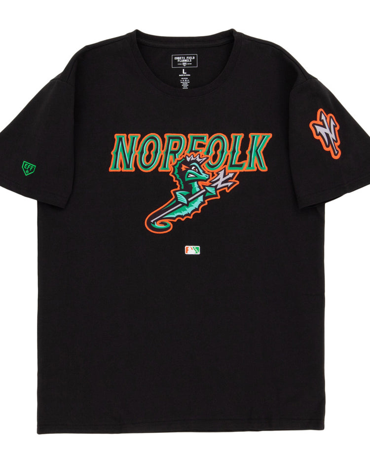 The Ebbets Field Norfolk Tides MiLB Fashion Cotton Short Sleeve Tee is a black t-shirt with colorful 
