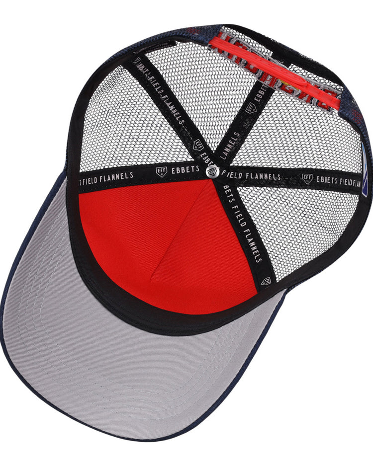 A top-down view of the Toledo Mud Hens MiLB Trucker Ballcap by Ebbets Field, featuring a red crown, black mesh panels, grey brim, and branded black tape reading EBBETS FIELD inside.