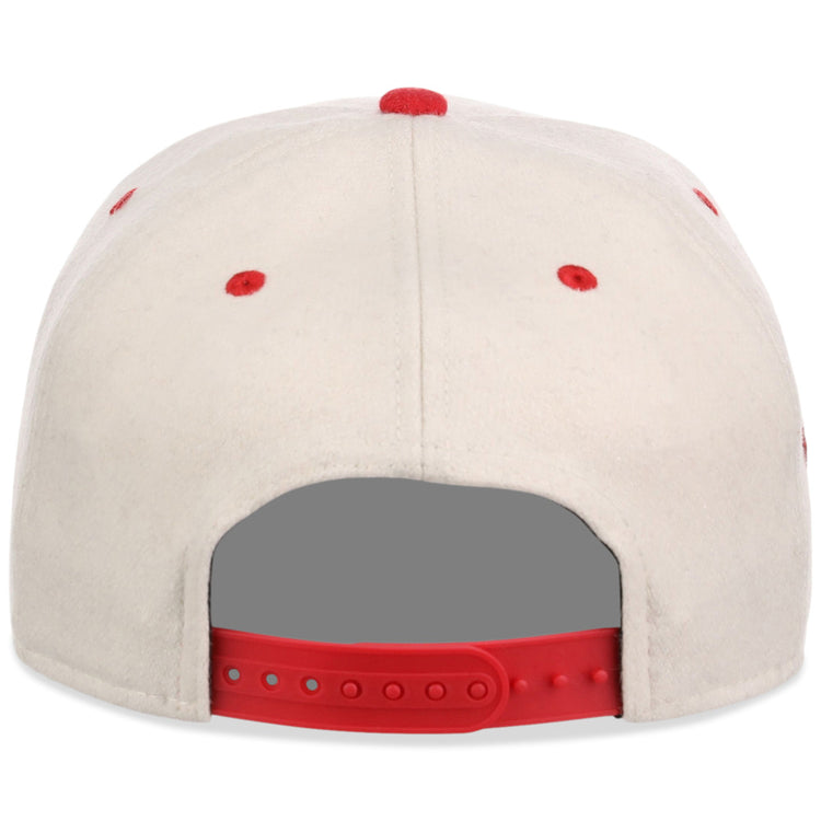 The Ebbets Field Kansas City Monarchs NLB Ballpark A-Frame Ballcap is a white cap seen from the back, with red adjustable snapback strap and red ventilation eyelets.