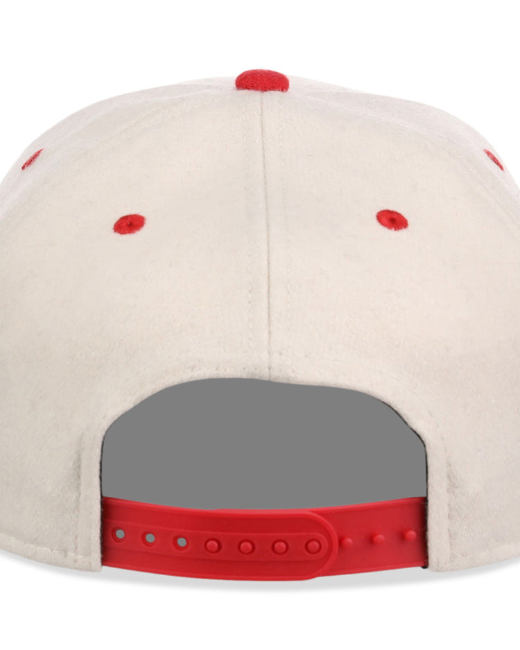 The Ebbets Field Kansas City Monarchs NLB Ballpark A-Frame Ballcap is a white cap seen from the back, with red adjustable snapback strap and red ventilation eyelets.