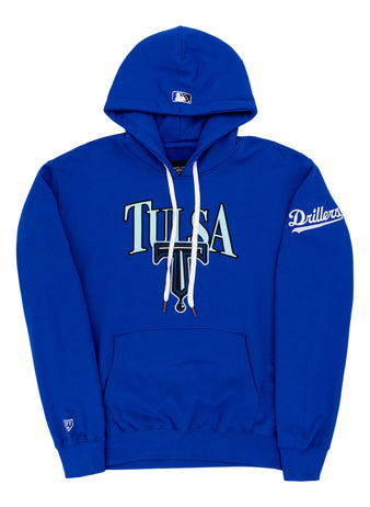 The Ebbets Field Tulsa Drillers MiLB Cotton Hooded Sweatshirt is royal blue with TULSA on the front, a small baseball cap logo on the hood, Drillers on the sleeve, and a front pocket.