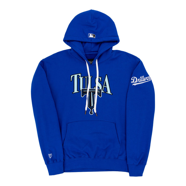 The Ebbets Field Tulsa Drillers MiLB Cotton Hooded Sweatshirt is royal blue with TULSA on the front, a small baseball cap logo on the hood, Drillers on the sleeve, and a front pocket.