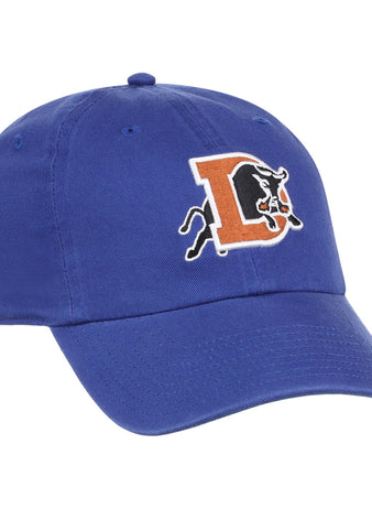 The Ebbets Field Durham Bulls MiLB Dad Ballcap features an embroidered charging black bull with an orange 