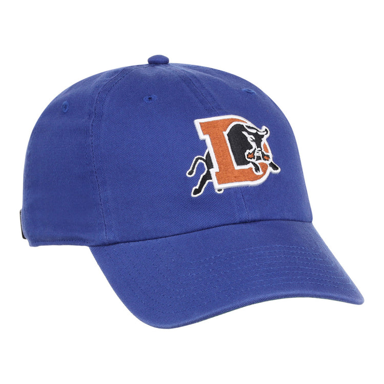 The Ebbets Field Durham Bulls MiLB Dad Ballcap features an embroidered charging black bull with an orange 